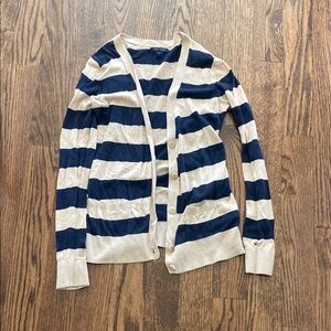 Striped Navy and Tan Cardigan Sweater